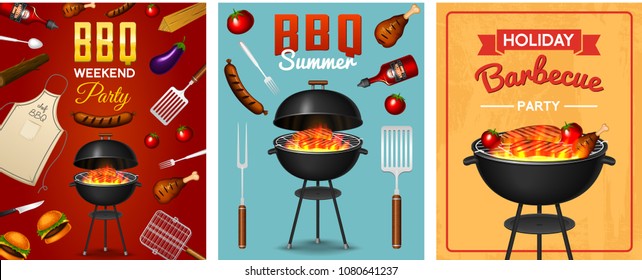 Barbecue grill elements set isolated on red background. BBQ party poster. Summer time. Meat restaurant at home. Charcoal kettle with tool, sauce and foods. Kitchen equipment for menu. Cooking outdoors