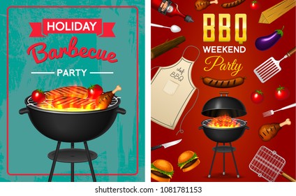 Barbecue grill elements set isolated on red background. BBQ party poster. Summer time. Meat restaurant at home. Charcoal kettle with tool, sauce and foods. Kitchen equipment for menu. Cooking outdoors