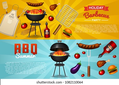Barbecue grill elements set isolated on red background. BBQ party poster. Summer time. Meat restaurant at home. Charcoal kettle with tool, sauce and foods. Kitchen equipment for menu. Cooking outdoors