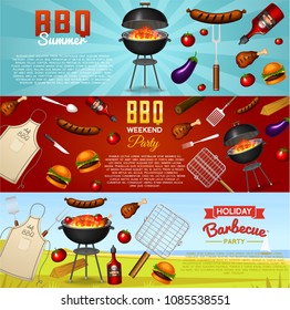 Barbecue grill elements set isolated on red background. BBQ party poster. Summer time. Meat restaurant at home. Charcoal kettle with tool, sauce and foods. Kitchen equipment for menu. Cooking outdoors