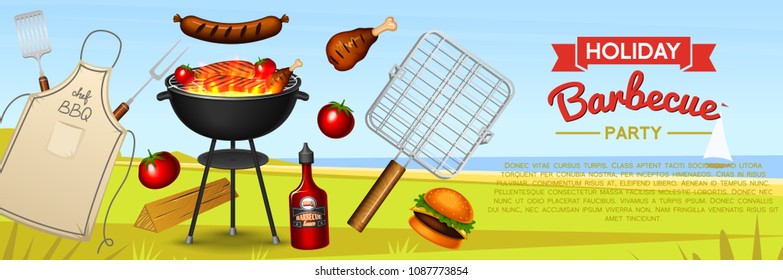 Barbecue grill elements set isolated on red background. BBQ party poster. Summer time. Meat restaurant at home. Charcoal kettle with tool, sauce and foods. Kitchen equipment for menu. Cooking outdoors