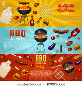 Barbecue grill elements set isolated on red background. BBQ party poster. Summer time. Meat restaurant at home. Charcoal kettle with tool, sauce and foods. Kitchen equipment for menu. Cooking outdoors