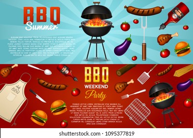 Barbecue grill elements set isolated on red background. BBQ party poster. Summer time. Meat restaurant at home. Charcoal kettle with tool, sauce and foods. Kitchen equipment for menu. Cooking outdoors