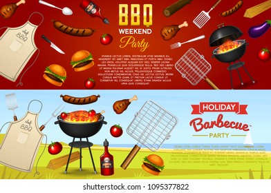 Barbecue grill elements set isolated on red background. BBQ party poster. Summer time. Meat restaurant at home. Charcoal kettle with tool, sauce and foods. Kitchen equipment for menu. Cooking outdoors