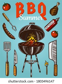 Barbecue grill elements set isolated on blue background. BBQ party poster. Summer time. Charcoal kettle with sauce. Kitchen equipment for menu. Cooking outdoors. Hand drawn. Vintage Engraved sketch.