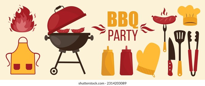 Grillelemente einzeln auf hellem Hintergrund. BBQ Party Poster. Fleischrestaurant zu Hause. Kohlensessel mit Werkzeug, Sauce und Essen. Küchenausstattung für Speisen. Kochen im Freien.Vektorgrafik 