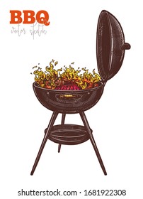 Barbecue grill with fire, coal, grilled meat, vegetables, sausages and steak. BBQ party equipment for outdoor rest. Isolated sketch hand drawn vector on white. Food illustration