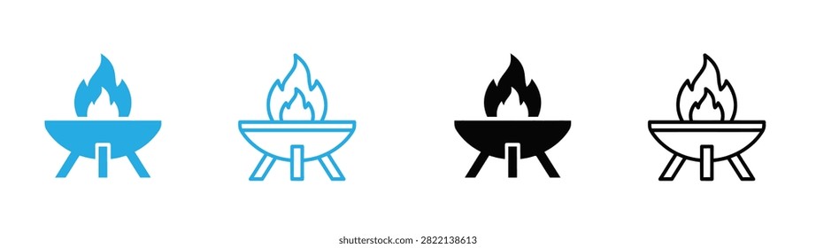 Barbecue Grill Fire Icon Set Vector Illustration Featuring Solid and Outline Styles in Blue and Black Colors for BBQ Party, Outdoor Cooking, Camping, Backyard Cookout, Picnic, Grill Master, Flame, Restaurant Menu, Food Truck, Catering Service, Summer Event, and Mobile App UI Design .