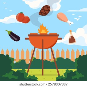 Barbecue grill with flames, surrounded by vegetables, meat, and sauce bottle. Flat graphic style on an outdoor backyard setting. Concept of grilling outdoors. Vector illustration