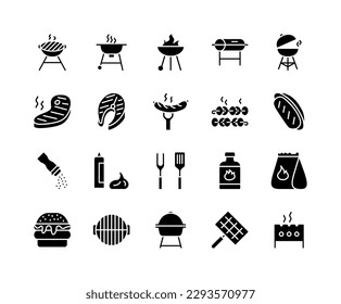 Barbecue and grill flat line icons set. Contains such Icons as BBQ, Grill, Steak, Bonfire, Gas and more. Simple flat vector illustration for web site or mobile app