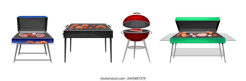 Parrilla de barbacoa con comida que se cocina en él Vector Set