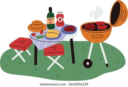 A barbecue grill with food and a picnic table with items in a flat style. The scene includes a grill, table, and various picnic items in a playful manner. Cartoon vector illustration.
