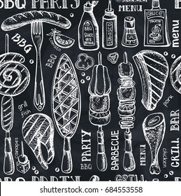 Barbecue and grill food seamless pattern .Vector hand drawn elements ,lettering .BBQ menu, restaurant design. Kebab sketch of summer party background.Chalkboard 
