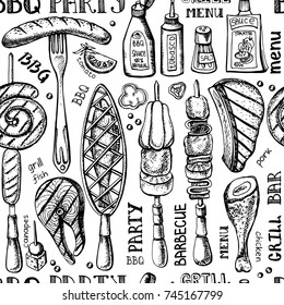 Barbecue and grill food seamless pattern .Vector hand drawn elements ,lettering .BBQ menu, restaurant design. Kebab sketch of summer party background. 