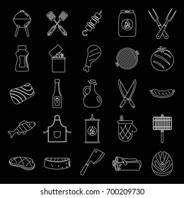 Barbecue grill and food set thin line vector illustration for design and web isolated on black background. Barbecue grill and food vector object for labels, logos and advertising