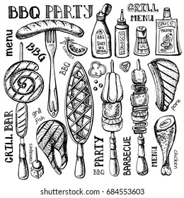 Barbecue and grill food set .Vector hand drawn elements ,lettering .BBQ menu, restaurant design. Kebab sketch of summer party .Isolated on white background. 