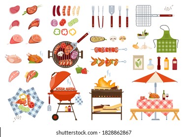 Barbecue grill food and tools vector illustrations. Cartoon flat set with grilled beef, chicken or fish steak, bbq vegetables, tomato sauce. Cooking food on fire, picnic summer party isolated on white