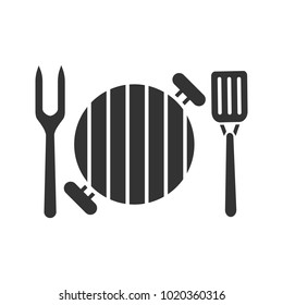 Barbecue grill with fork and spatula glyph icon. Silhouette symbol. Negative space. Vector isolated illustration