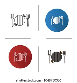 Barbecue grill with fork and spatula icon. Flat design, linear and color styles. Isolated vector illustrations