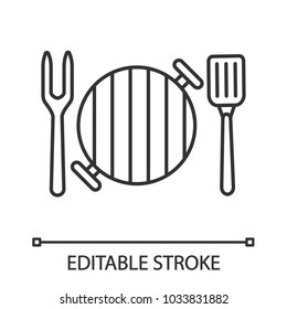 Barbecue grill with fork and spatula linear icon. Thin line illustration. Contour symbol. Vector isolated drawing. Editable stroke
