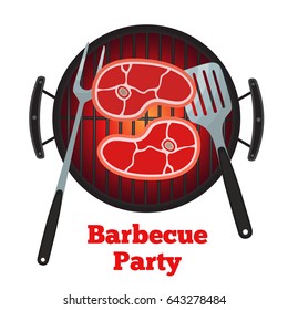 Barbecue grill, fried meat. Roasted meat, pork, spatula and fork. Made in cartoon flat style.
