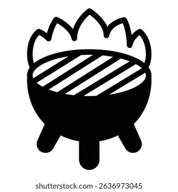 Barbecue grill with grate on fire solid icon, culinary cooking concept. Vector graphics. BBQ grill with flame sign on white background, style mobile or design