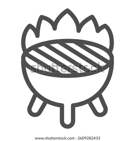 Barbecue grill with grate on fire line icon, culinary cooking concept. Vector graphics. BBQ grill with flame sign on white background, outline style icon for mobile or web design