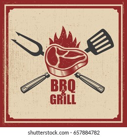 Barbecue and grill. Grilled meat with fork and Kitchen spatula on grunge background. Design elements for poster, emblem, sign. Vector illustration