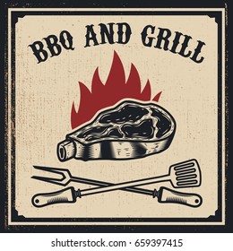 Barbecue and grill. Grilled meat with fork and Kitchen spatula on grunge background. Design elements for poster, emblem, sign. Vector illustration