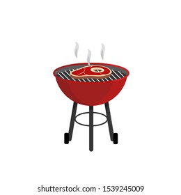 Barbecue grill with grilled meat, piece of pork. Illustration of colorful BBQ icon isolated on white background. BBQ grill party sign