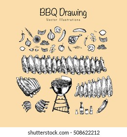 Barbecue grill hand draw set isolated on background. Cookout BBQ Food Sketch.