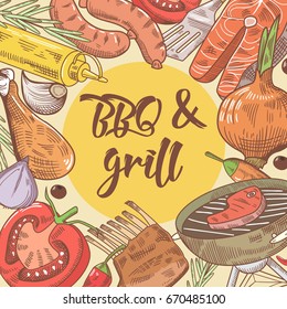 Barbecue and Grill Hand Drawn Background with Steak, Fish and Vegetables. Picnic Party. Vector illustration