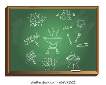 Barbecue grill hand drawn elements set isolated on chalkboard. Cookout BBQ party. Sketch of barbecue grill with tools. Barbecue home or restaurant party dinner