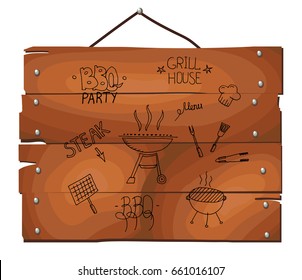 Barbecue grill hand drawn elements set isolated on wooden plank background. Cookout BBQ party. Sketch of barbecue grill with tools. Barbecue home or restaurant party dinner