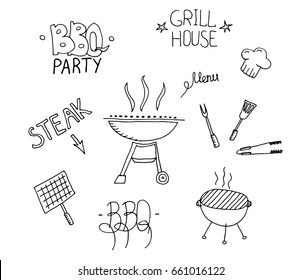 Barbecue grill hand drawn elements set isolated on white background. Cookout BBQ party. Sketch of barbecue grill with tools. Barbecue home or restaurant party dinner