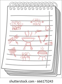 Barbecue grill hand drawn elements set isolated on notebook background. Cookout BBQ party. Sketch of barbecue grill with tools. Barbecue home or restaurant party dinner
