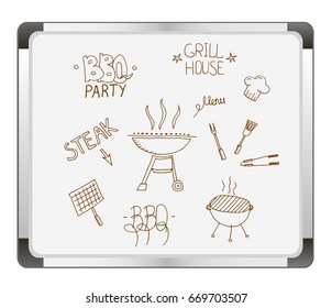 Barbecue grill hand drawn elements set isolated on flip chart background. Cookout BBQ party. Sketch of barbecue grill with tools. Barbecue home or restaurant party dinner