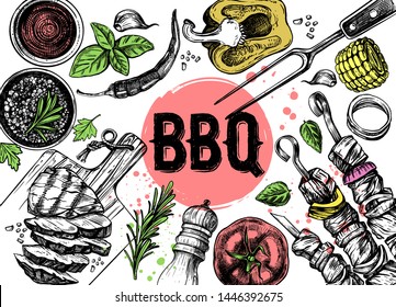 Barbecue grill hand drawn food set on white background