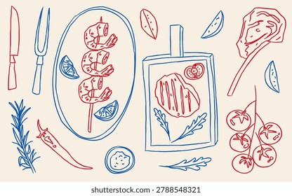 Barbecue and Grill Hand Drawn Vector Illustration Set. Elements of Steak, Grilled Shrimp Skewer, Tomato, Potatoes, Chili Pepper, Meat, Cutting Board, Knife and Fork Isolated on Warm Background