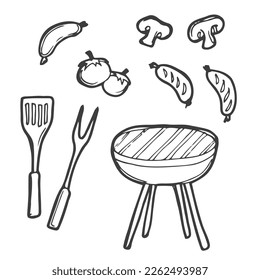 Barbecue grill hand-drawn outline doodle Set. BBQ Vector Illustration Barbecue party Sketch. Barbeque tools charcoal firewood and products