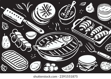 Barbecue grill hand-drawn outline doodle Set. BBQ Vector Illustration Barbecue party Sketch