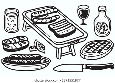 Barbecue grill hand-drawn outline doodle Set. BBQ Vector Illustration Barbecue party Sketch