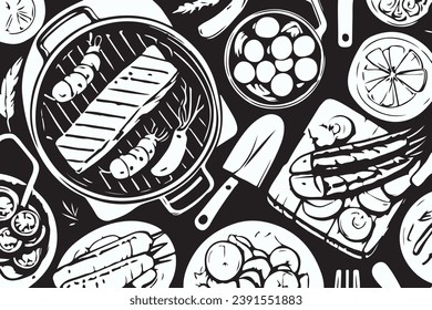Barbecue grill hand-drawn outline doodle Set. BBQ Vector Illustration Barbecue party Sketch