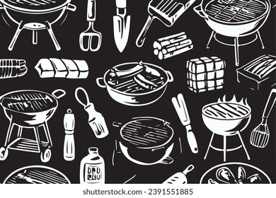 Barbecue grill hand-drawn outline doodle Set. BBQ Vector Illustration Barbecue party Sketch