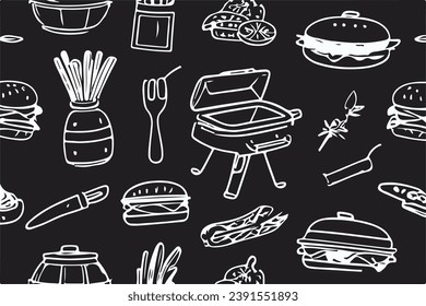 Barbecue grill hand-drawn outline doodle Set. BBQ Vector Illustration Barbecue party Sketch