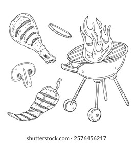 Barbecue grill hand-drawn outline doodle Set. BBQ Vector Illustration Barbecue party Sketch.