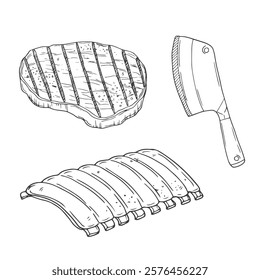 Barbecue grill hand-drawn outline doodle Set. BBQ Vector Illustration Barbecue party Sketch.