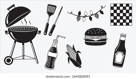 Coleção de ícones de grelha para churrasco. Churrasqueira, espátula, pinças, hambúrguer, milho, refrigerante e ketchup ícones. Gráficos de churrasco de verão para cartaz e menu de piquenique