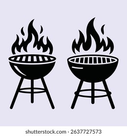 Barbecue Grill Icon with Flames - Black Silhouette