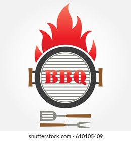 Barbecue and Grill icon with oven, fork and spatula. BBQ label or emblem. Vector illustration.